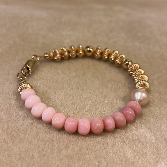 Pink Opal Baroque Pearl 14k Gold Filled Gemstone Handmade Bracelet - Picture 4 of 7